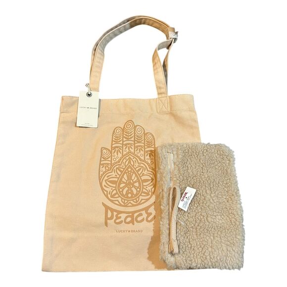Lucky Brand Hamsa Tote Shopper Bag & Sherpa Makeup Case Set Color Macadamia NWT - Picture 1 of 4